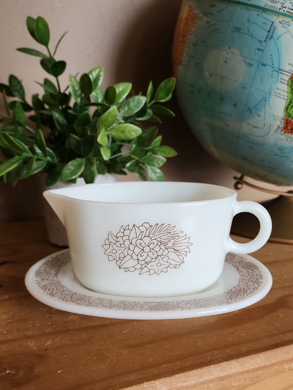 Pyrex Vintage Milk Glass Gravy Boat And Underplate  Woodland Pattwrn